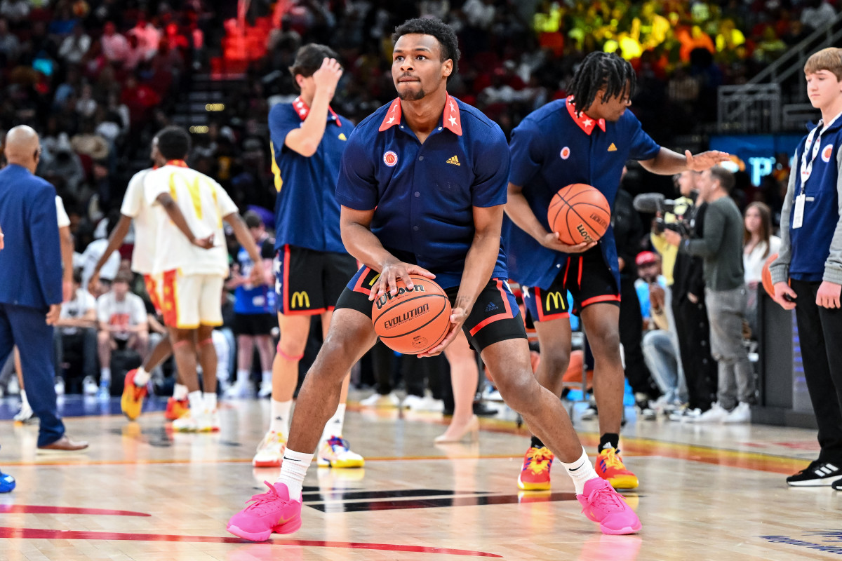 McDonald's All American West guard Bronny James (6) warms up prior to the game against the McDonald's All American East at Toyota Center.